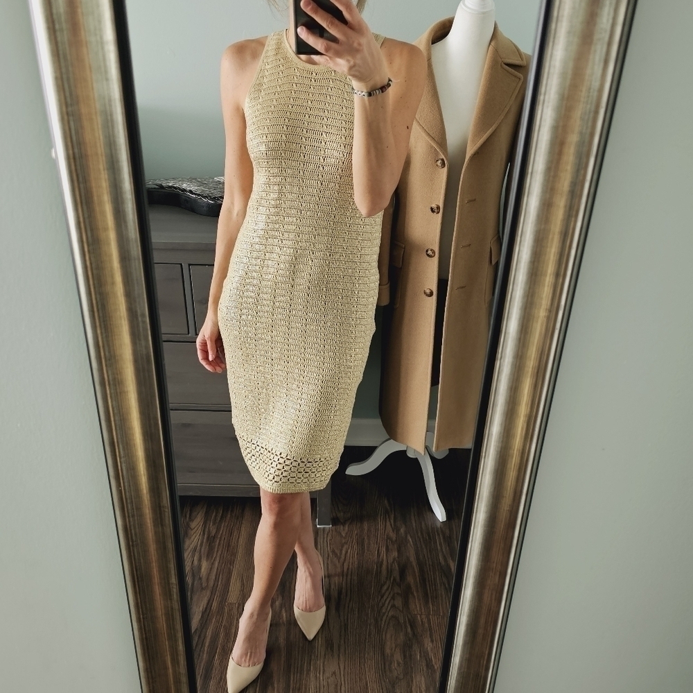Elie Tahari Crochet Knit Gold Dress
